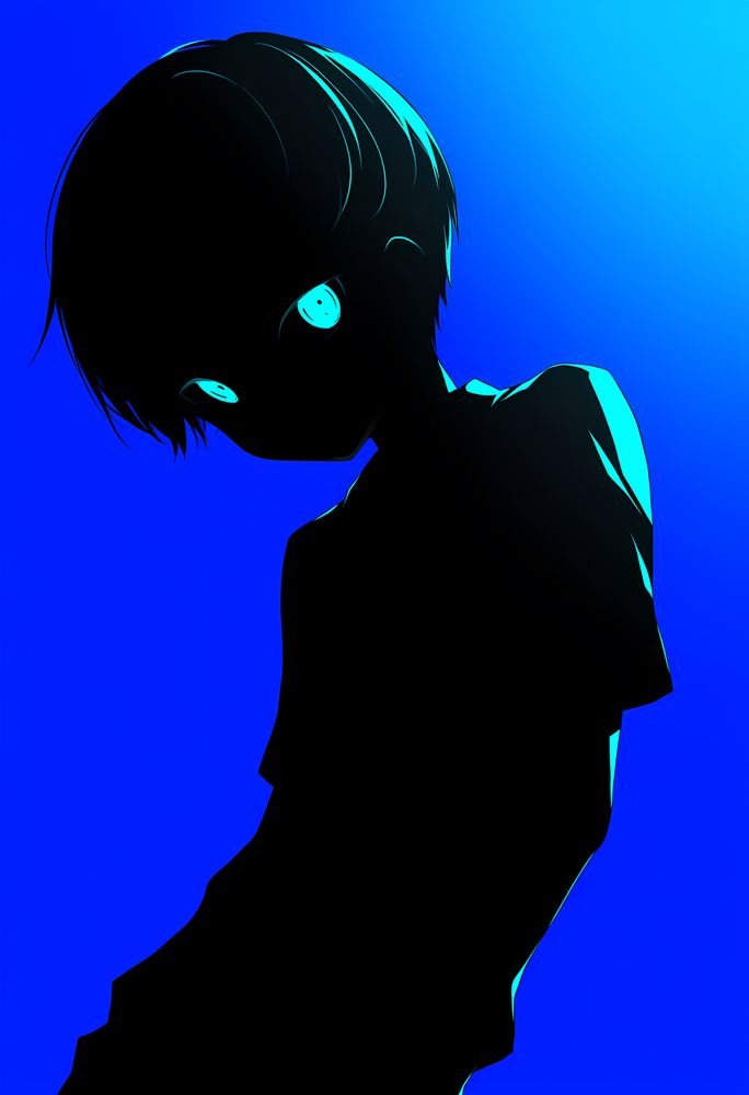 暗い深海のような青のグラデーションを背景に、ひとりの人物が黒いシルエットで描かれている。逆光に照らされた輪郭には冷たい青緑の光がわずかに差し込み、髪や肩の線を幽かに浮かび上がらせている。真っ黒な顔の中で、ぽっかりと浮かぶ水色の瞳だけが異様な存在感を放つ。