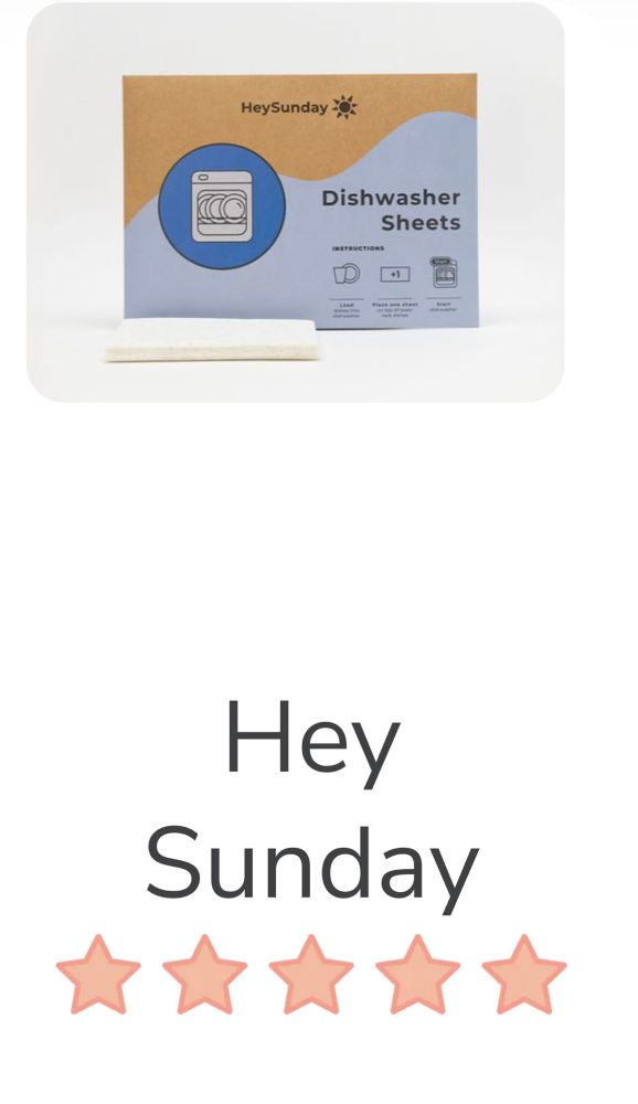 Picture of dishwasher detergent sheets. Brand is Hey Sunday.