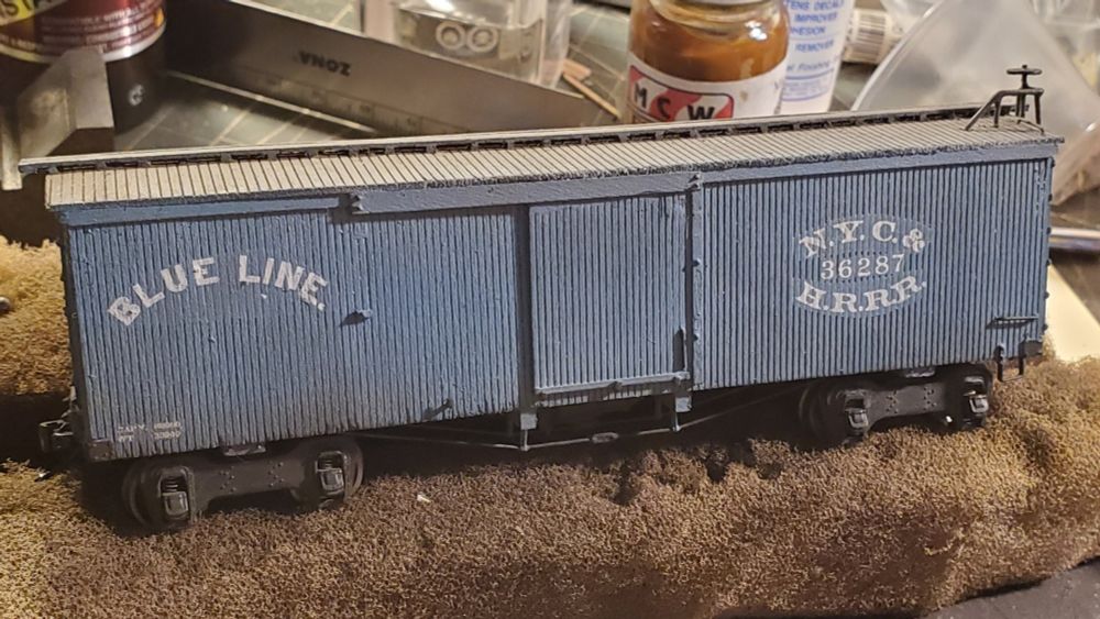 NYC&HR boxcar 36287 in blue with fox patent trucks and single roof railing. 