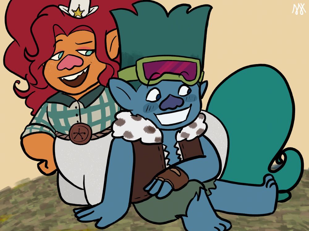 A drawing of Delta Dawn and John Dory sitting, JD is leaning on Delta's centaur back which a flustered but happy expression on his face, Delta's dimple and bucktooth plus fangs teeth combo are showing as she makes an asymmetrical smirking expression, saying something as her arms are on an akimbo position. 