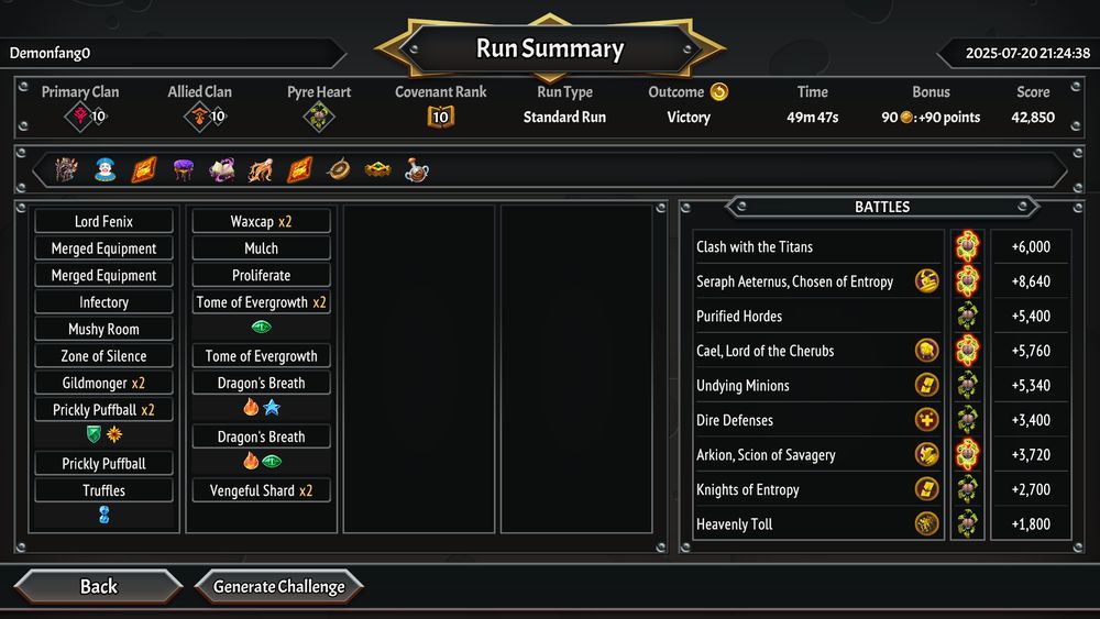 Run Summary using Pyreborne and Underlegion. This build has no offense scaling outside of Fenix and relied on upgraded Prickly Puffballs with Tome of Evergrowth to carry.