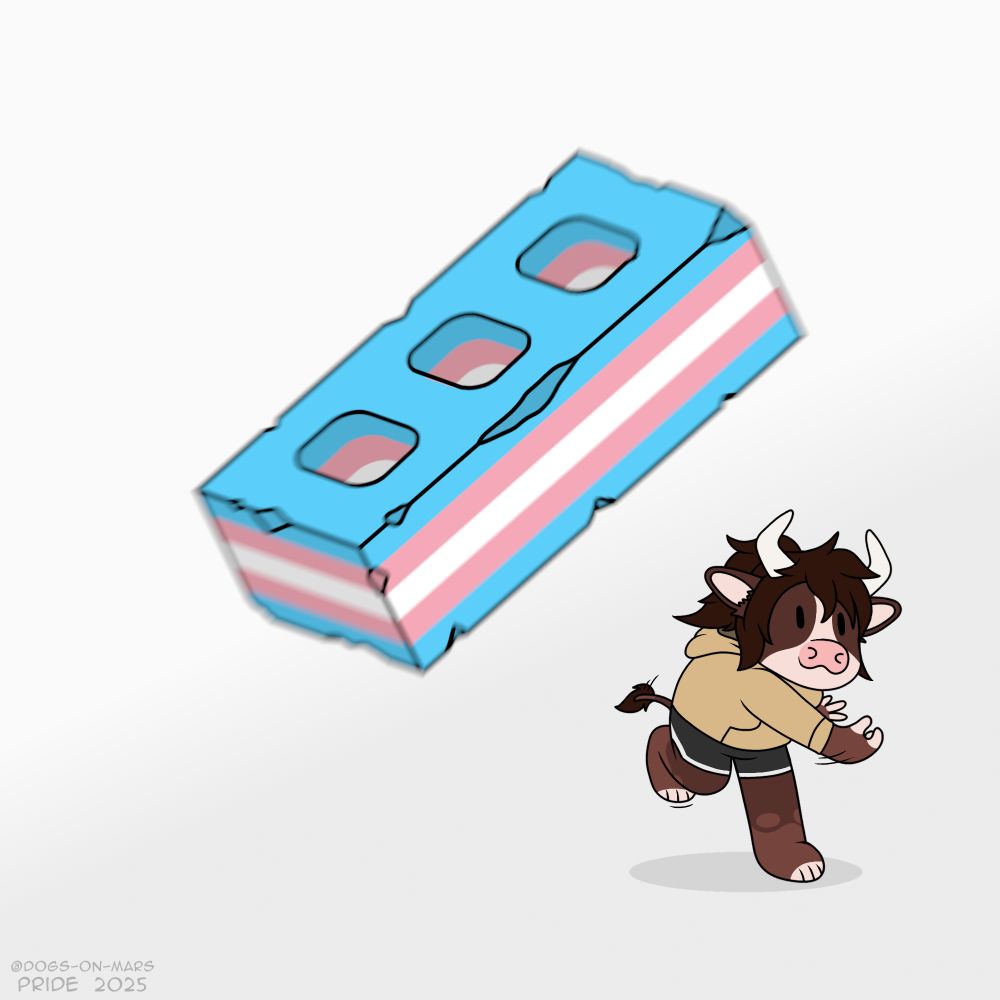 A chibi anthro cow girl throws a brick painted in trans colors at the viewer.