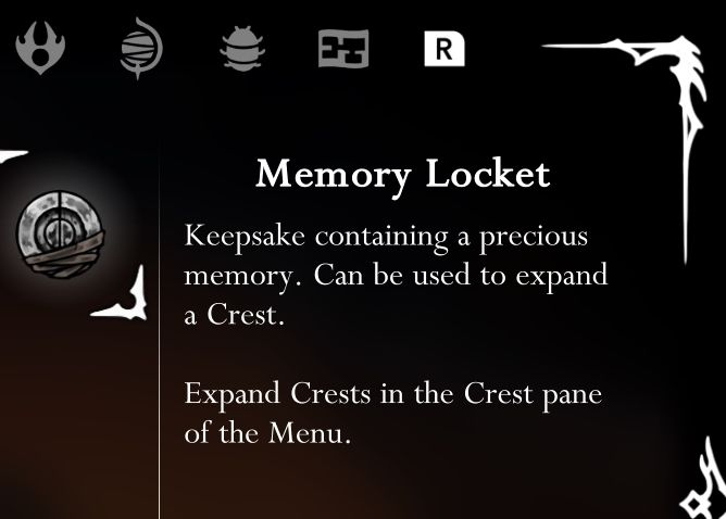 Screenshot of the inventory menu in Hollow Knight Silksong, zoomed in to highlight the description of the Memory Locket item: "Keepsake containing a precious memory. Can be used to expand a Crest. Expand Crests in the Crest pane of the Menu.