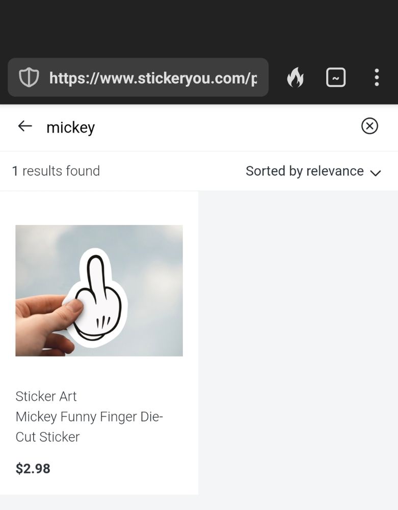 Screenshot of a webpage displaying a sticker of a Mickey Mouse hand giving the middle finger.