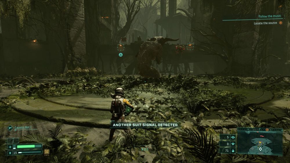 Screenshot of the PlayStation 5 game Returnal   showing the main character Selene in some overgrown alien ruins with the onscreen text "ANOTHER SUIT SIGNAL DETECTED" on the HUD.