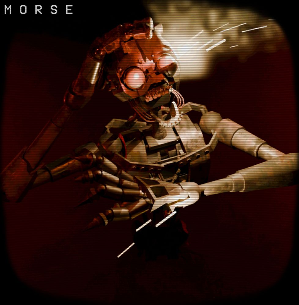 A render of the Mimic from FNaF in a lake of red water and fog, with sparks and smoke coming out of the side of its head, and sparks shooting from its wrist. I ported this model myself, too