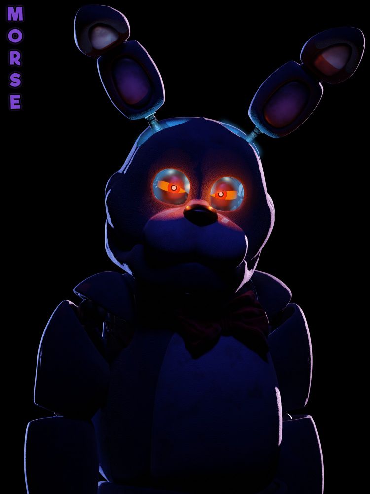 Picture of Bonnie the Bunny (Blue animatronic rabbit) shrouded in a faint purple light, with a blue electrical glow emitting from the inside of his head, and his eyes glowing red.