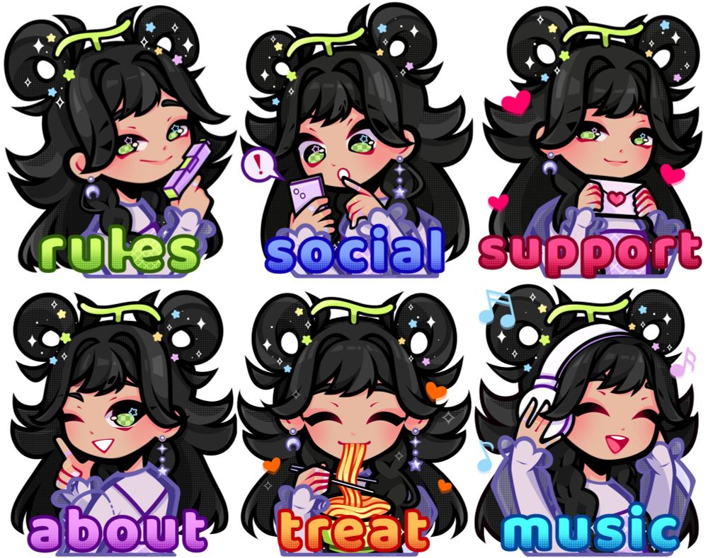 For @melonumi_
Six chibi illustrations to be used as Twitch panels.