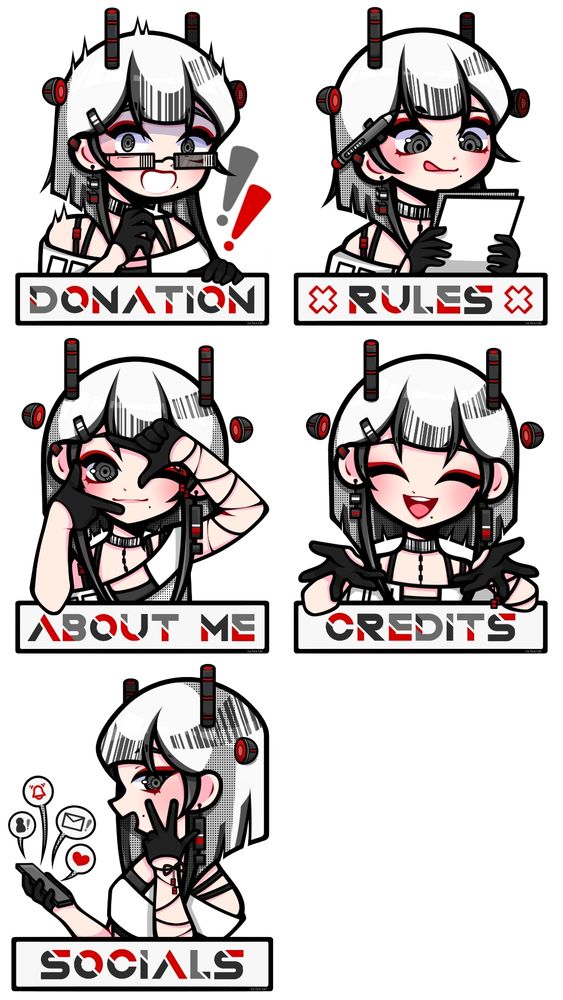 For @Rya_ink
Five chibi illustrations to be used as Twitch panels.