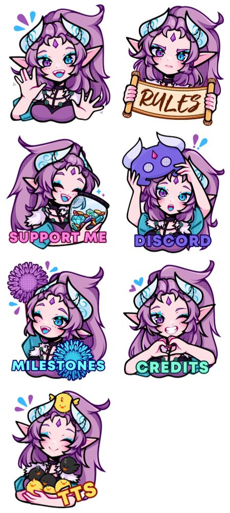 For @Julijello
Seven chibi illustrations to be used as Twitch panels.