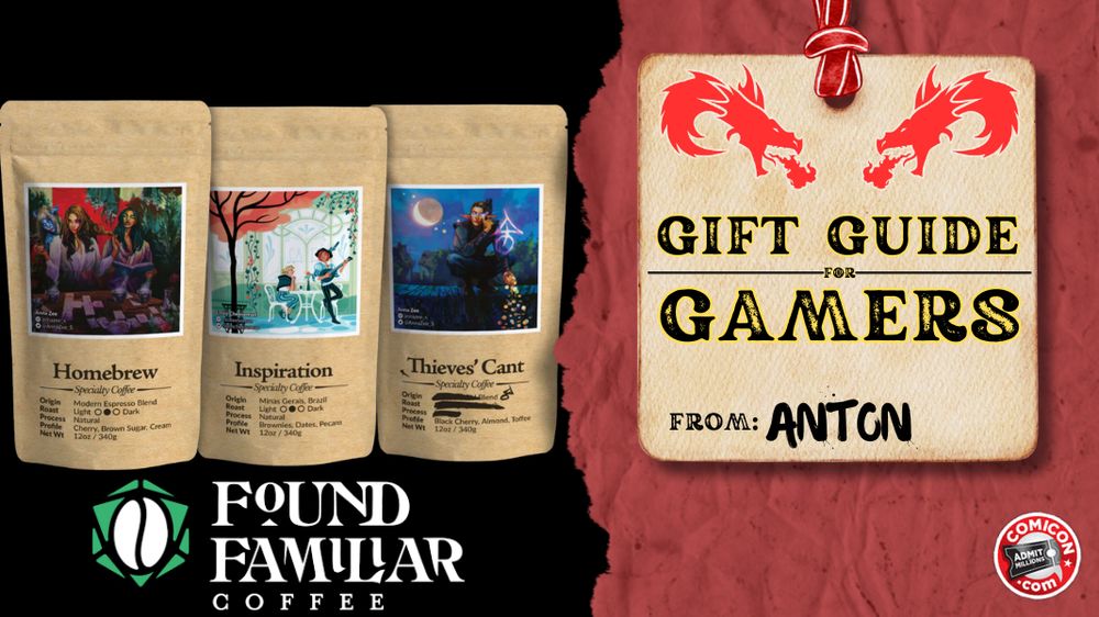 Three bags of Found Familiar Coffee along side a torn bit of wrapping paper and a gift tag that reads Gift Guide For Gamers from Anton 