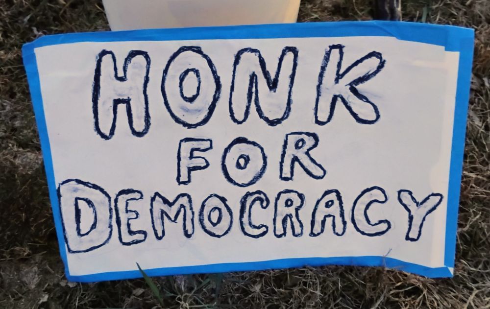 Back side of new sign "Honk for Democracy"  tried putting glitter on the letters, but cosmetic glitter isn't as bold as craft glitter.
