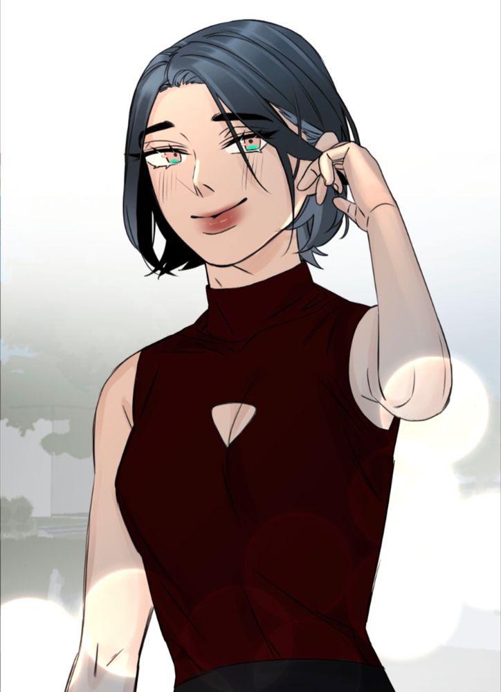 Miss Elise from What Are The Chances. She is wearing a sleeveless dress with a small opening in the chest area, smiling and pushing some of her short blue hair behind her left ear. 