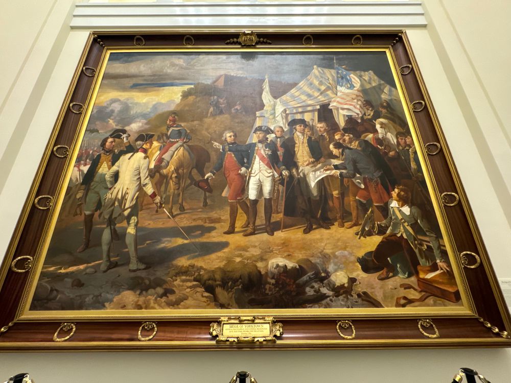 Giant oil painting depicting mostly the American officers' camp at the Battle of Yorktown in 1781.