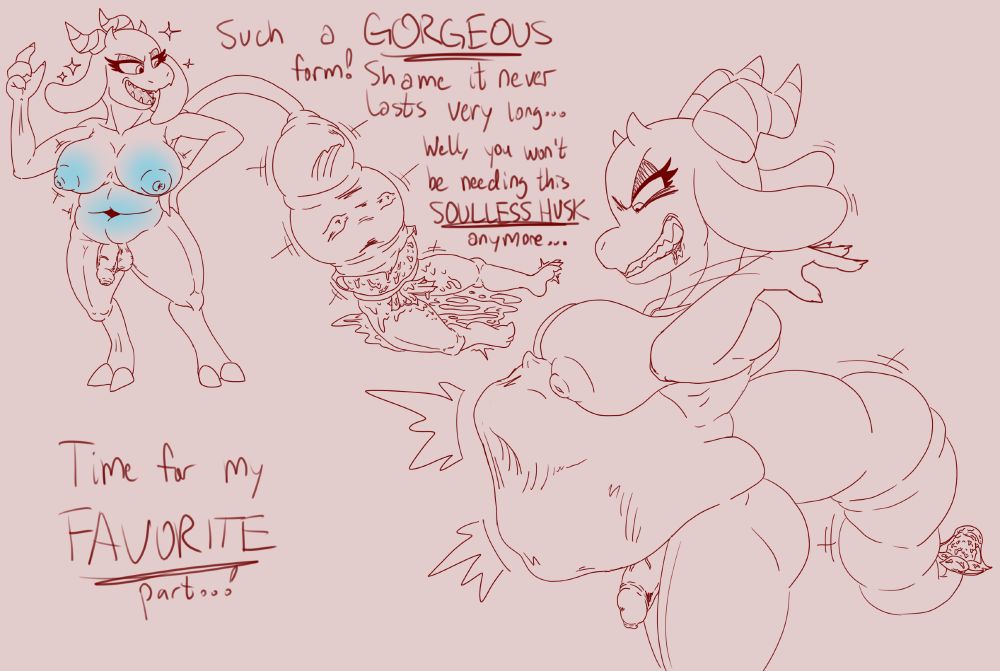 top left, a bbw Toriel doppel-ganger with imp horns and a big flaccid cock as well as glowing breasts and chubby belly uses her new tailmaw to swallow down the real Toriel, who is already halfway hidden inside and creating obscene outlines inside the tail; the dialogue reads "Such a GORGEOUS form! Shame it never lasts very long... Well, you won't be needing this SOULLESS HUSK anymore..." 

lower right, the Toriel doppelganger's tail shunts the real Toriel inside her belly, which expands with her prey's outline while she flips her ears back sassily; dialogue reads "Time for my FAVORITE part...!"