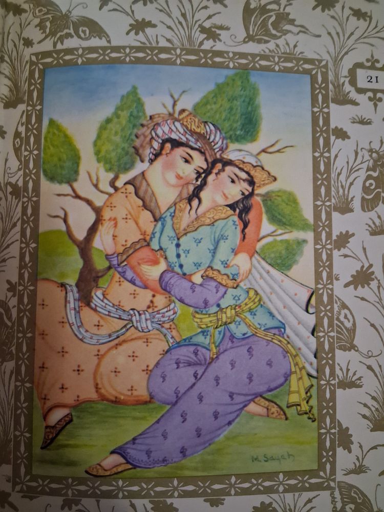 Surrounded by a golden border of butterflies and grasses, an Iranian styled picture of a man and woman embracing in the grass. 