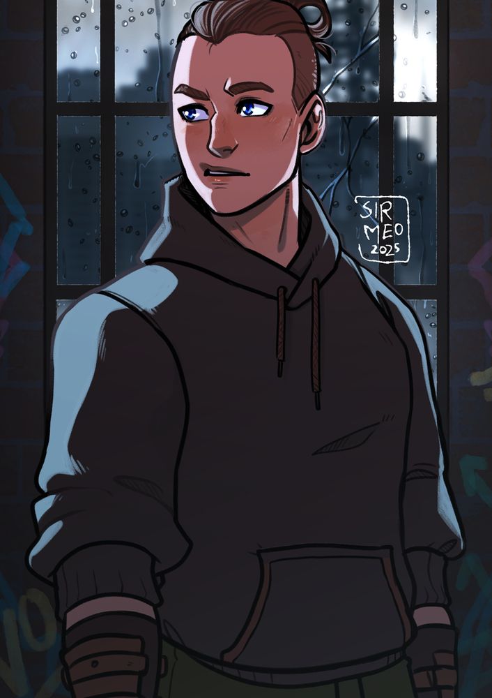 Digital artwork of a serious woman in a hoodie standing on front of a window. 