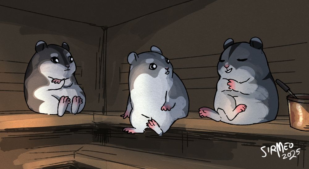 Digital illustration of three gnome characters, resembling winter white dwarf hamsters, sitting in a sauna together. 