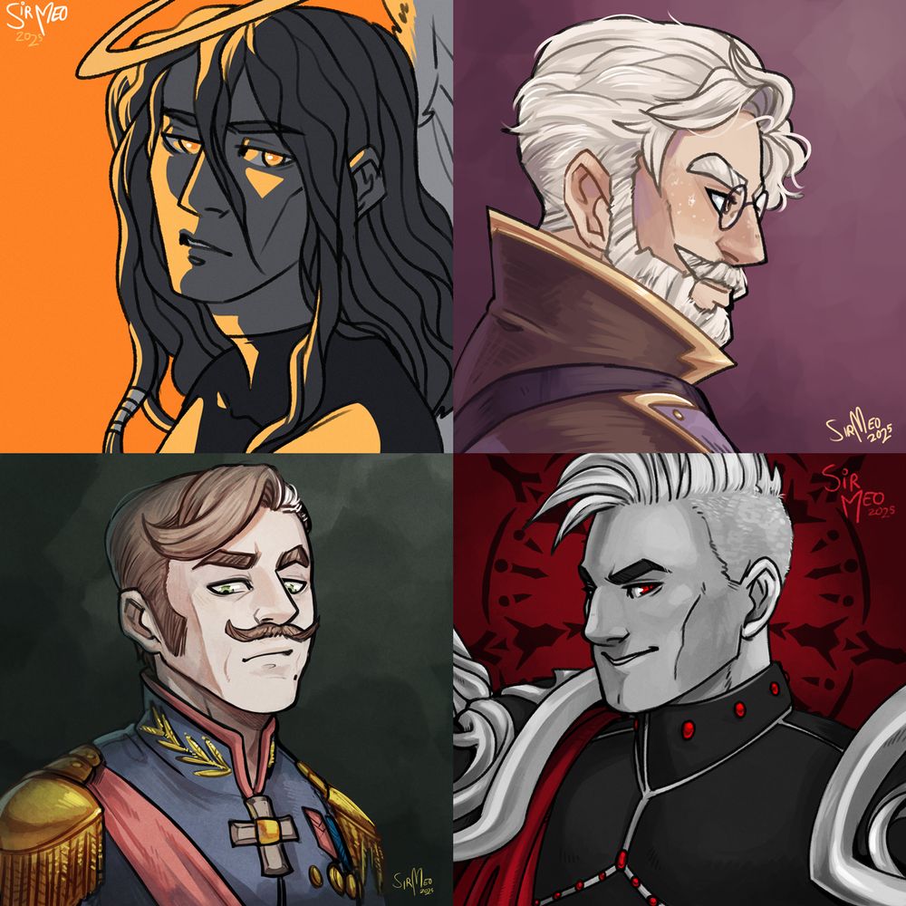 Collage of four digitally drawn portraits of various male characters.