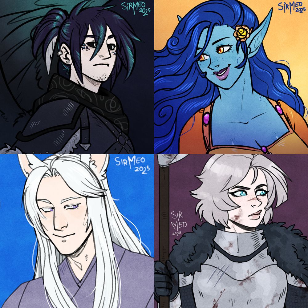 Collage of four portraits of various fantasy characters, including a blue-skinned woman, a harpy, man with cat ears and woman in armor. 