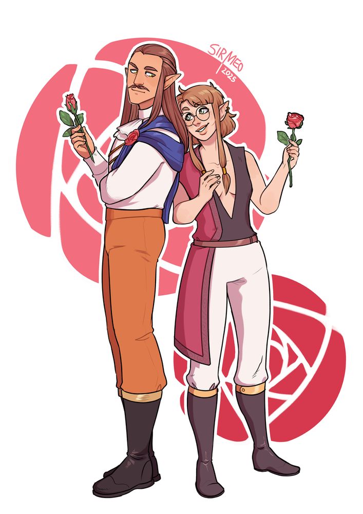 Digital artwork showing two elf characters, a man and a woman, standing next to each other, holding roses. The woman is leaning against the man slightly. 