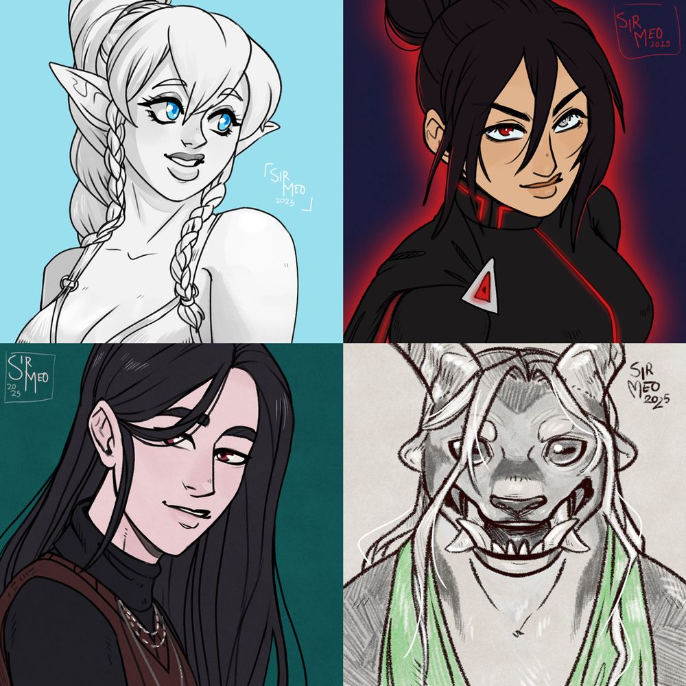 Collage of four portraits of various fantasy characters, including an elf and a monster woman. 
