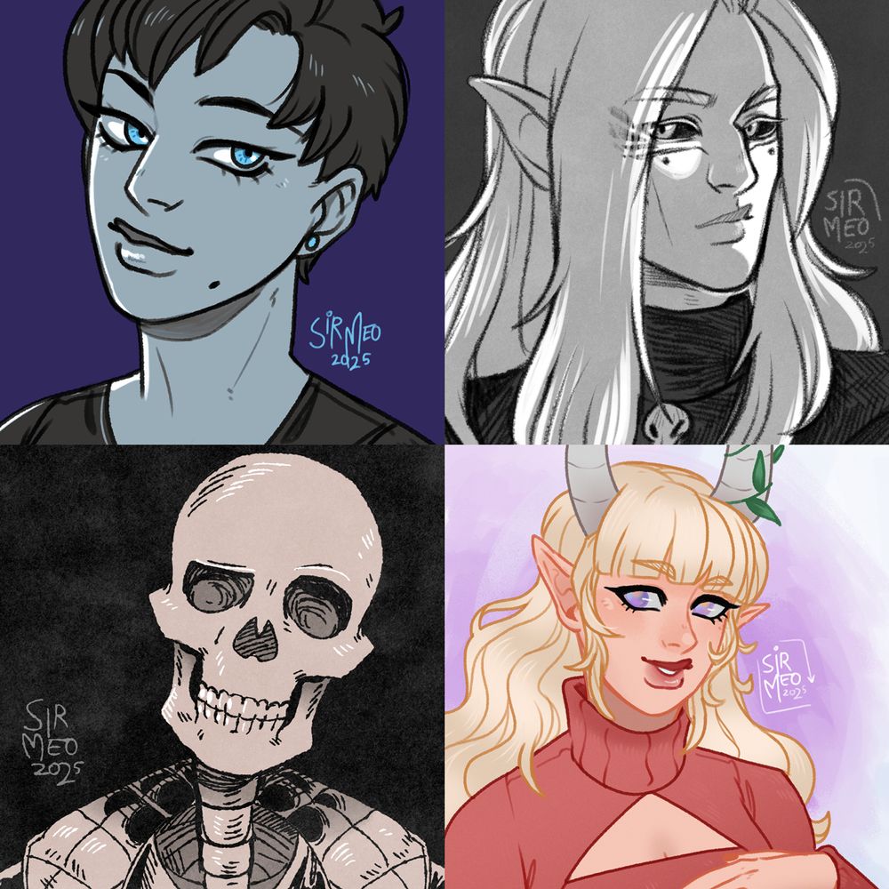 Collage of four portraits showing various fantasy characters, including a vampire, an elf, a skeleton and a succubus. 