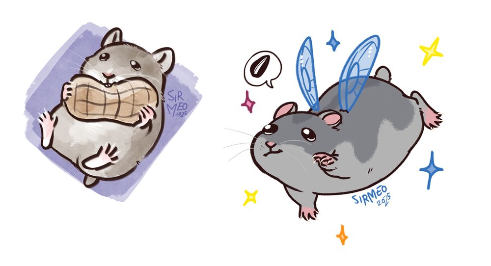 Digitally drawn artworks of two hamsters side by side. The hamster on the left is holding on to a peanut, and the hamster on the right has fairy wings. 