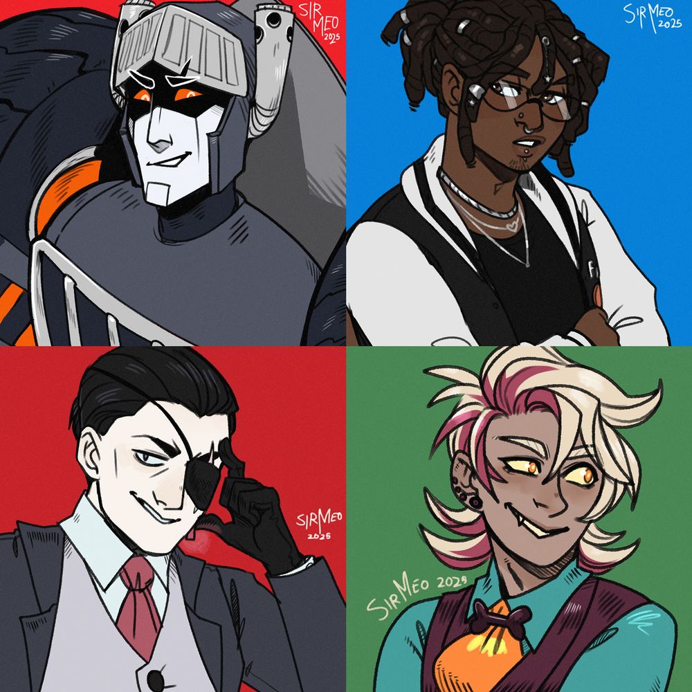 Collage of digitally drawn busts of various characters, including a man in a suit with an eyepatch, a robot, a young person with a vest and a tie, and a young black man with piercings. 