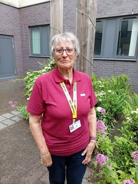A volunteer in a garden at York Hospital.