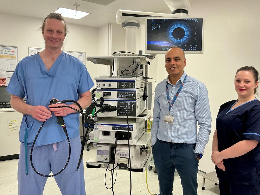 Dr Thomas Berriman, Dr Prashant Kant, and Laura Strange, Pre-Assessment and Warfarin Lead Nurse alongside their new equipment.