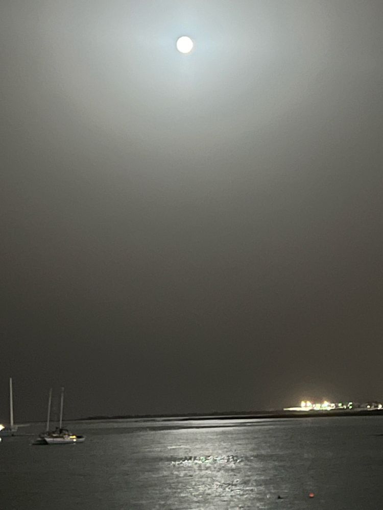 Hafen von Corralejo (Fuerteventura) im Mondlicht.  Einzelne Segelboote, Atlantik und im Hintergrund Lichter einer Siedlung