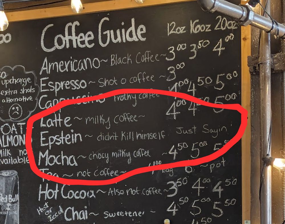 coffee shop menu including mention of Jeffy E.
