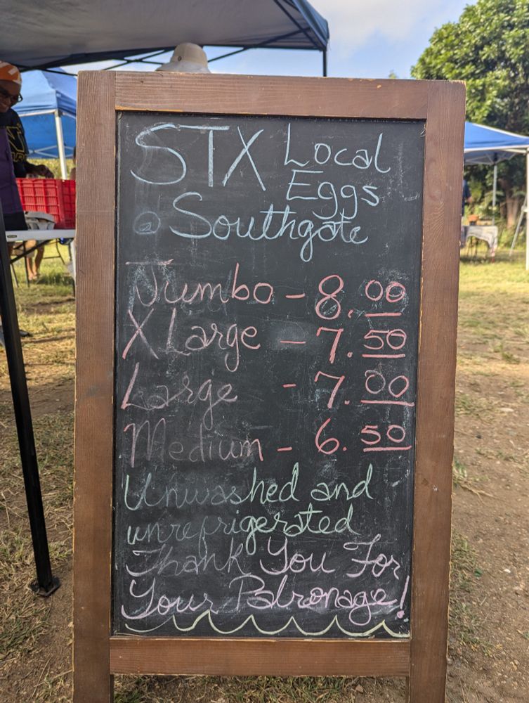 farmers market sign advertising eggs from $6.50 to $8 per dozen
