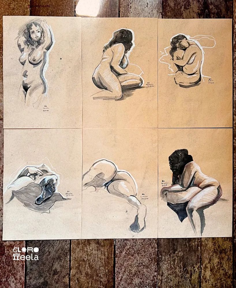 seis poses, na sequência de cima para baixo, da esquerda para a direita: 10 min, 10min, 5 min, 15min, 5min, 10min
