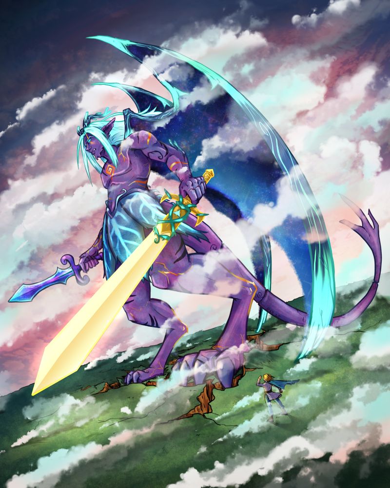 Panel Redraw highlighting the scale of the large dragon man with dynamic perspective 