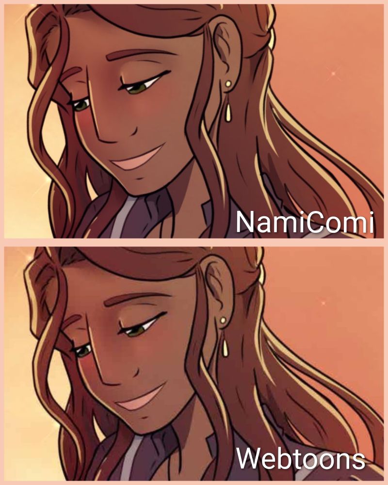 Two versions of the same comic panel, top is from NamiComi with higher quality and bottom is from Webtoons with lower quality. 