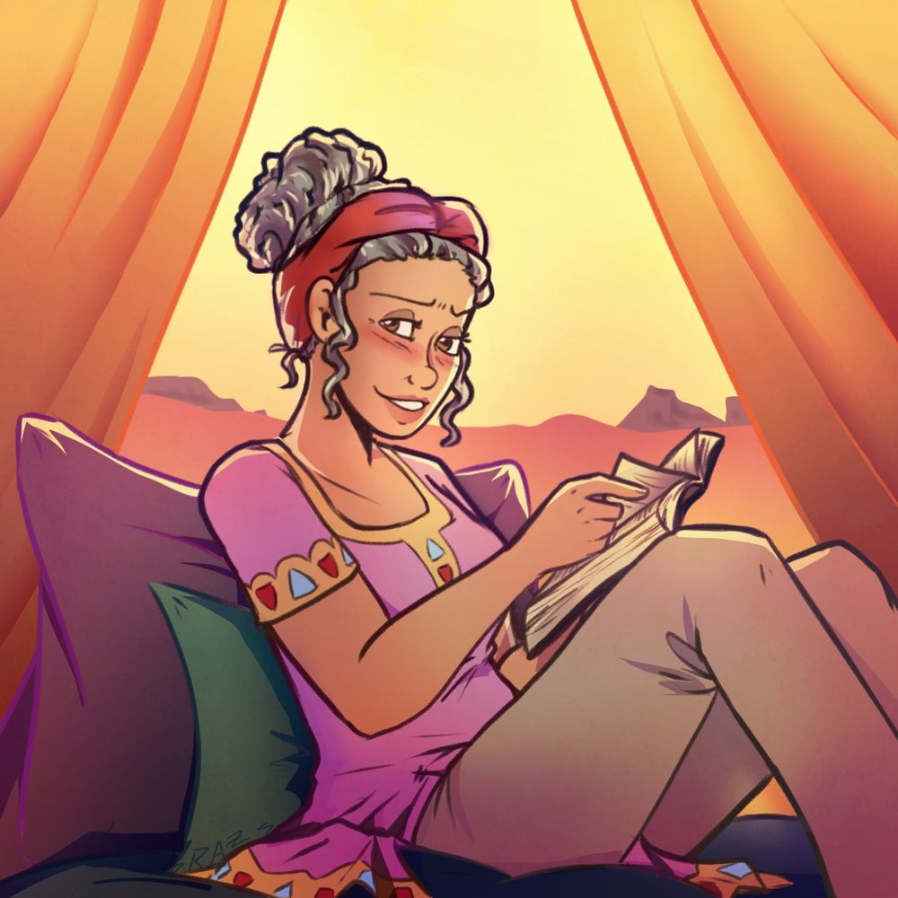 Sirocco sitting on pillows reading a book in a desert setting. 