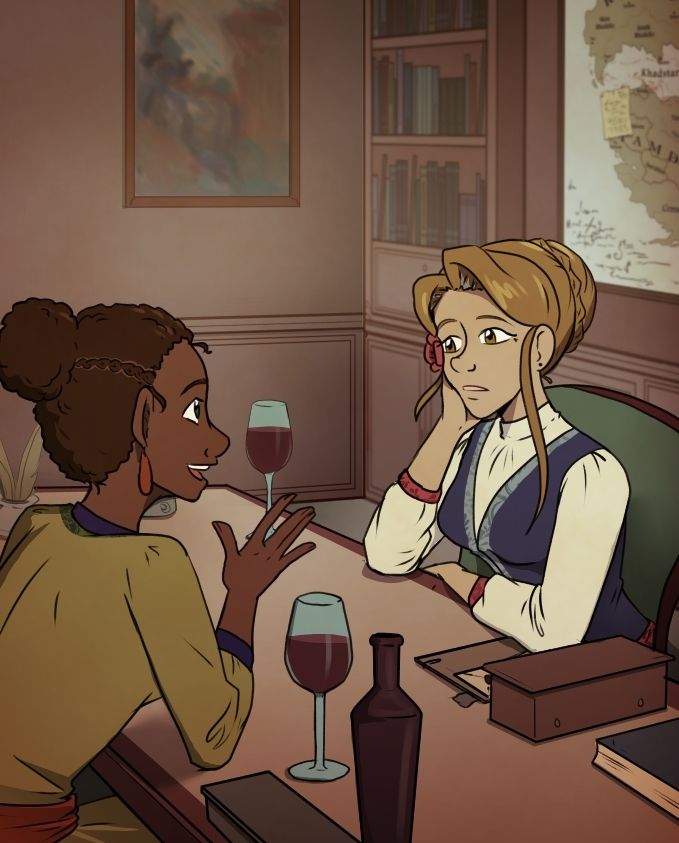 Lorelei having a discussion with a new character over some wine. 