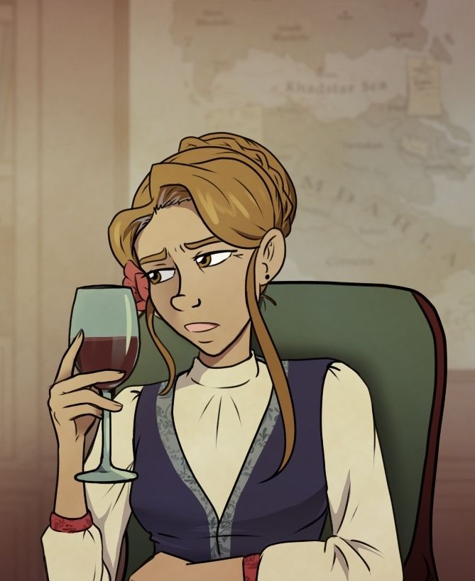 Lorelei contemplating, while holding a glass of wine. 