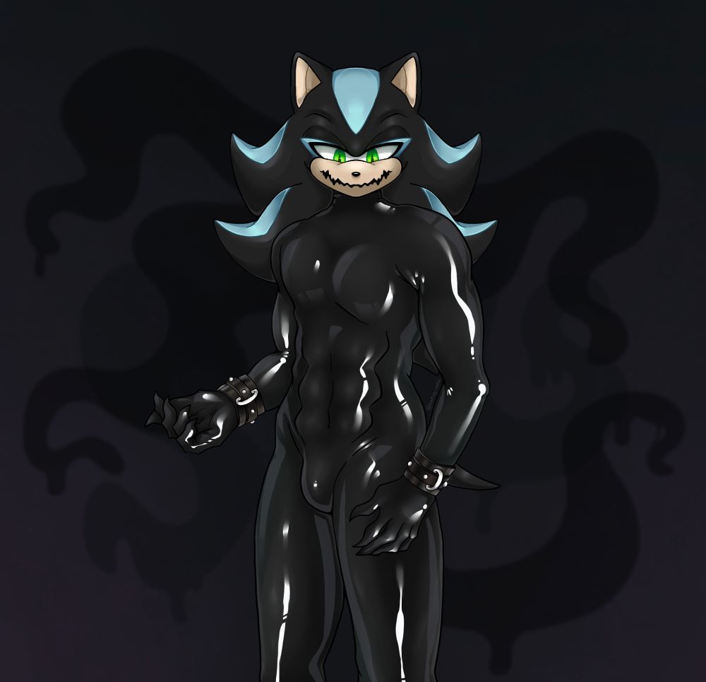 Mephiles in a black latex catsuit