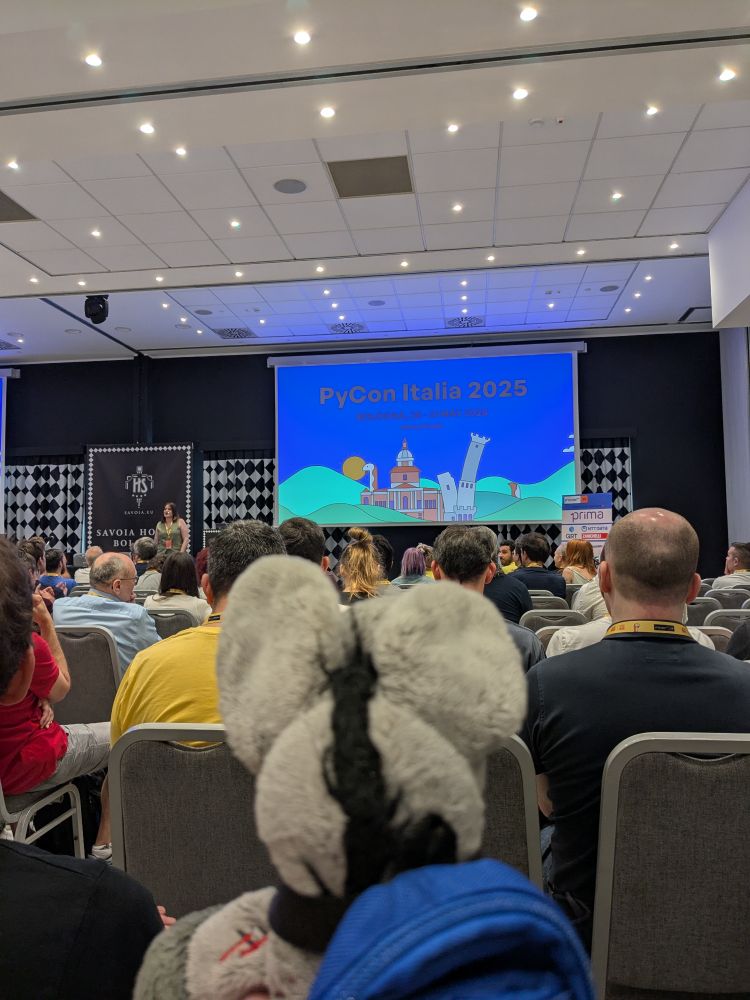 A plush donkey is attending the opening session of PyCon Italia 2025