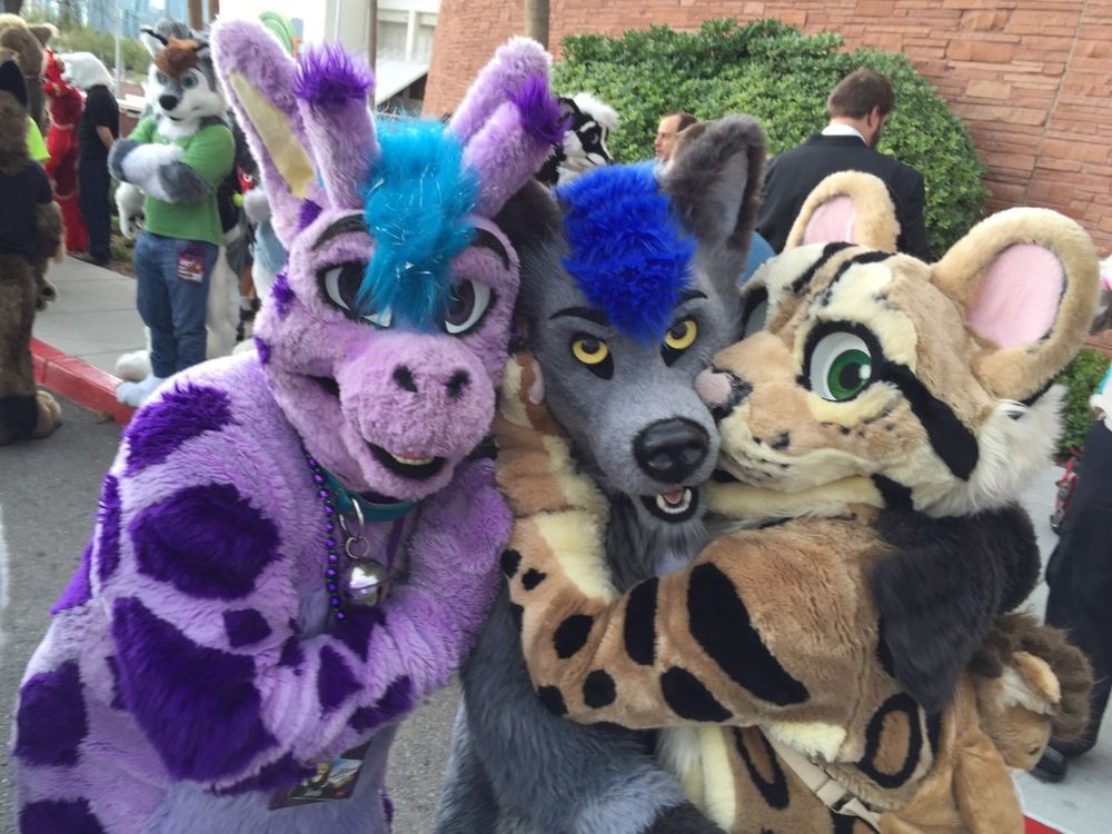 Fursuiters @zarafa.bsky.social, @rezwolf.com, and @spottacus.org at Elliot's Spring Gathering in Las Vegas 2015.