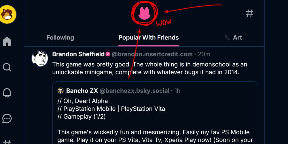 A screenshot of the Bluesky timeine using the Firmament theme for Stylus. At the very top of the feed, where the Bluesky butterfly should be, there is instead the silhouette of a fox emoji. I have drawn two arrows pointing at it and circled it several times. 🦊