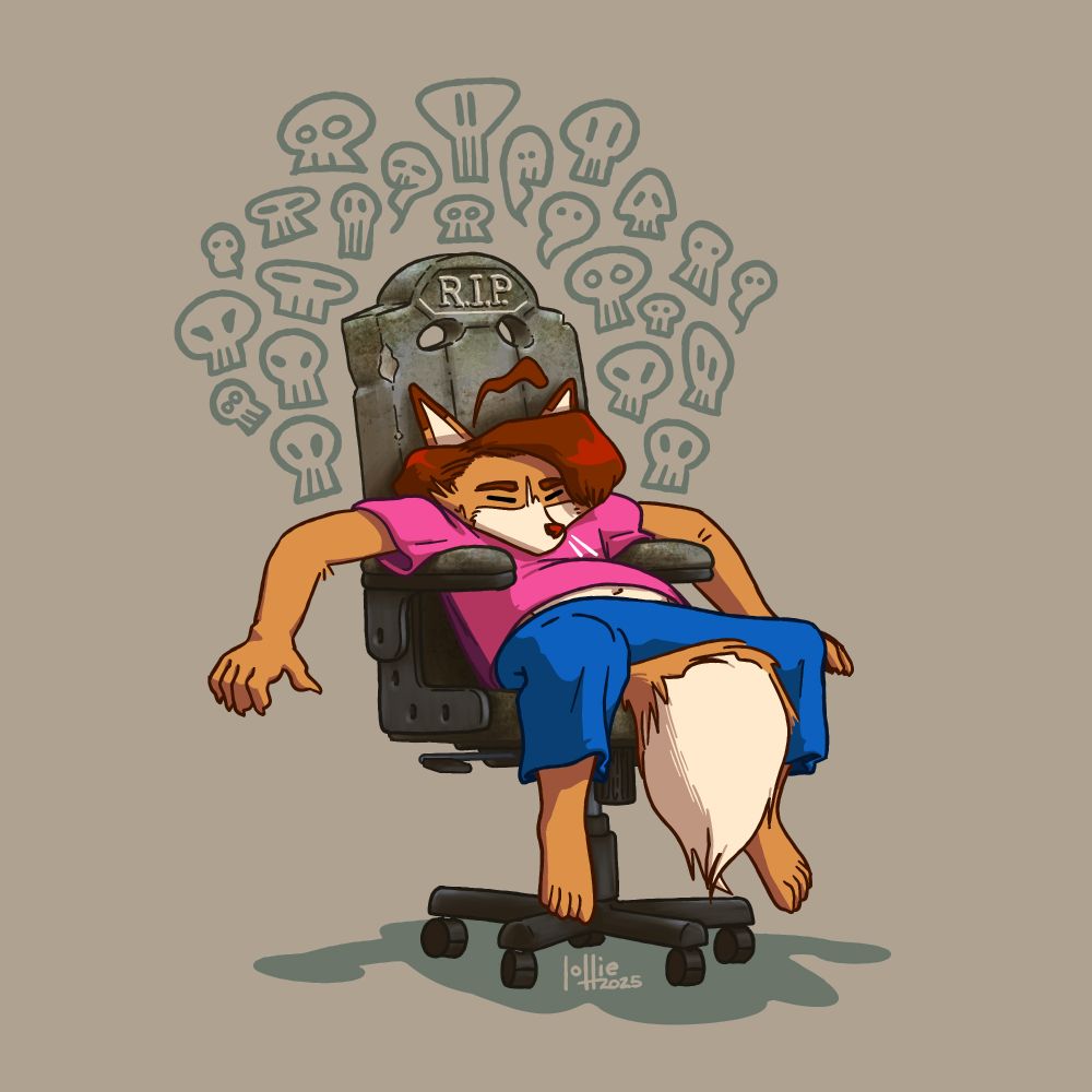 An illustration by Lollie - My fursona sits deeply slumped in a computer chair, his arms hanging out by the shoulders over the chair's arms. The seat of his chair is rendered like an old weathered tombstone, as a cloud of little doodled skulls hang overhead.