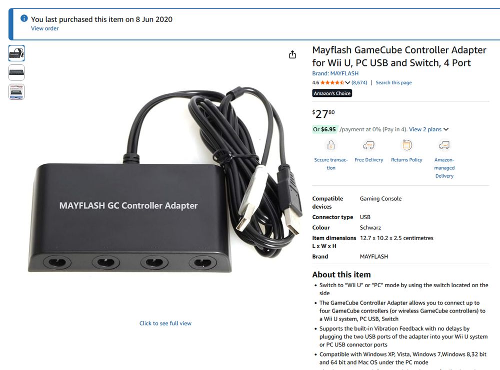 Screenshot of Amazon listing for a four-port GameCube-to-USB controller adapter. The top of the page notes that I already purchased this same adapter five years ago.