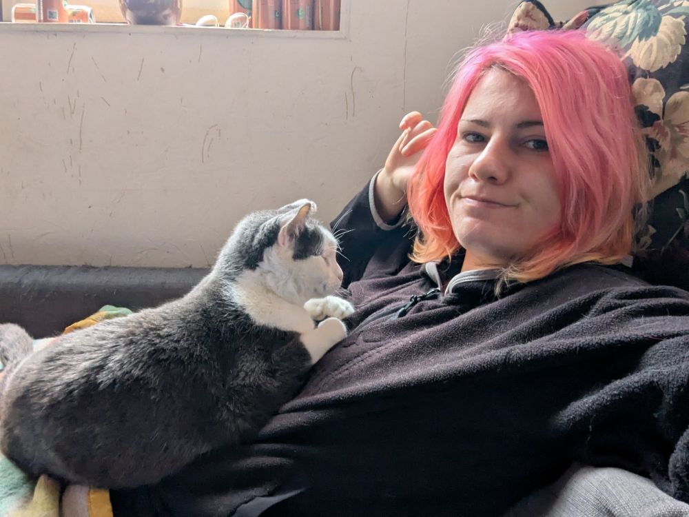 Selfie of me, lying on a couch, my head on the top right corner of the picture. I'm a white girl with dark-ish eyebrows and pink hair turning into an orangey peach colour at the ends. My hair is just a little longer than shoulder length. I'm wearing an oversized black sweater. I'm smiling, mouth close, in the picture. Ash, my white and grey cat, is lying on my chest. That's why I cannot move. It's the rule.