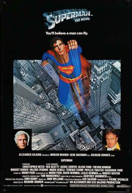 Movie poster for the original Superman, a picture of the hero flying up, up and away.