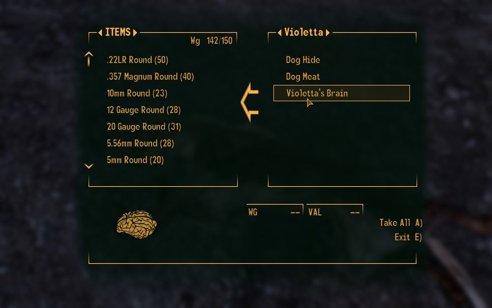 A menu in fallout new vegas with me searching a dog's body to take out its brain. i dont have a quest for this