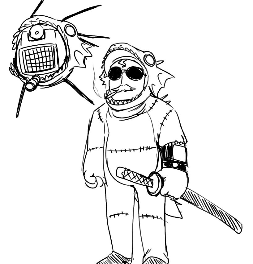 a doodle of a courier and ED-E from fallout new vegas wearing taxidermied gecko suits, the courier is holding a katana and smoking a cig